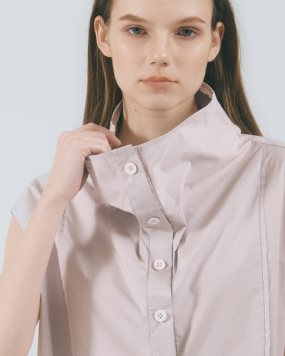 弧線出芽立領無袖襯衫 (淺灰)