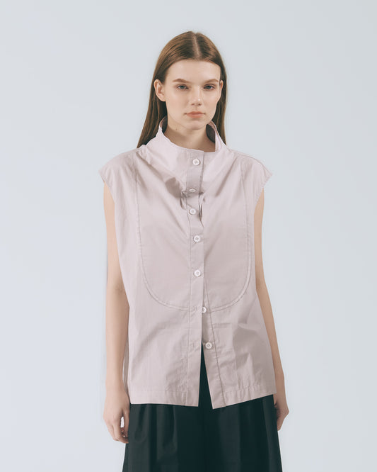 弧線出芽立領無袖襯衫 (淺灰)