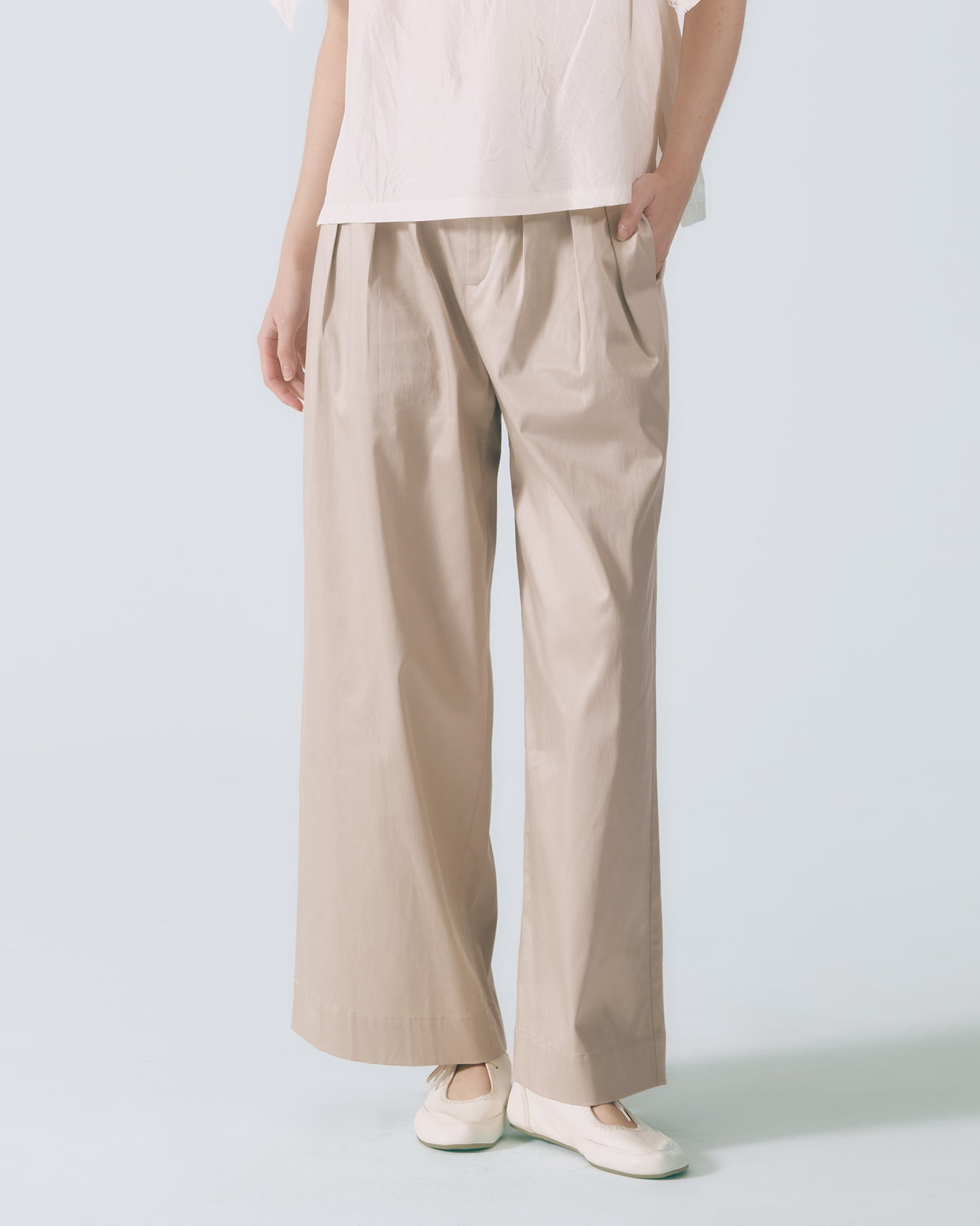 多摺高腰長寬褲 (淺灰)