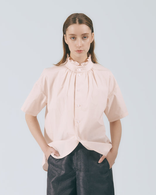 荷葉領弧形開襟上衣 (淺粉)