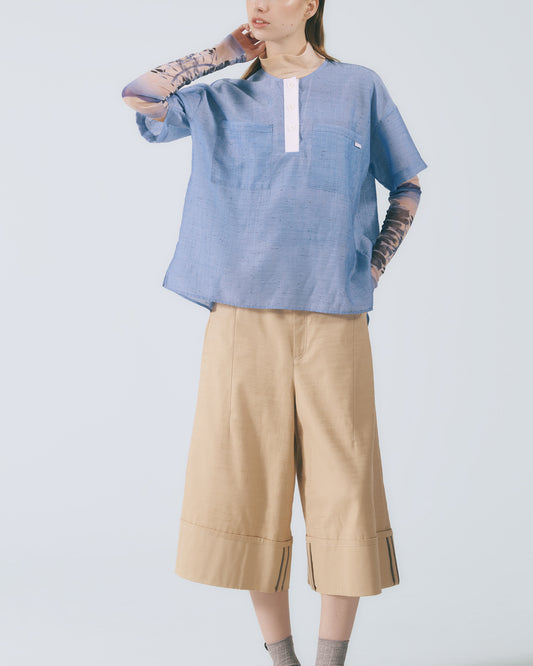 結構反摺寬管長褲 (卡其)