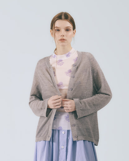 圓領羅紋針織外套 (淺灰)