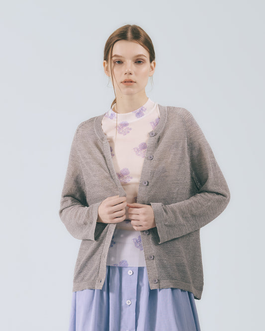 圓領羅紋針織外套 (淺灰)