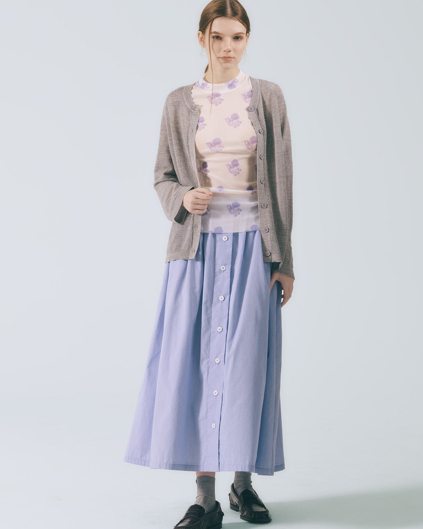 圓領羅紋針織外套 (淺灰)