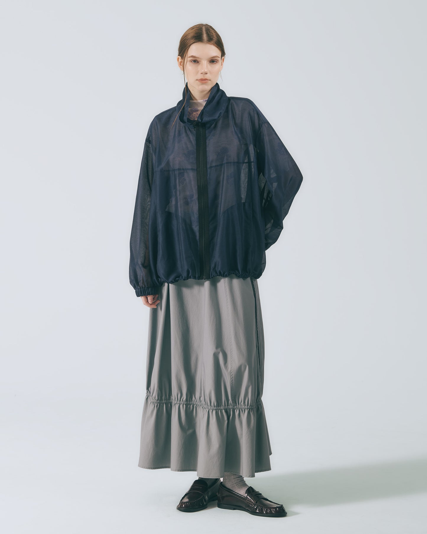 雙立領透紗外套 (深藍)