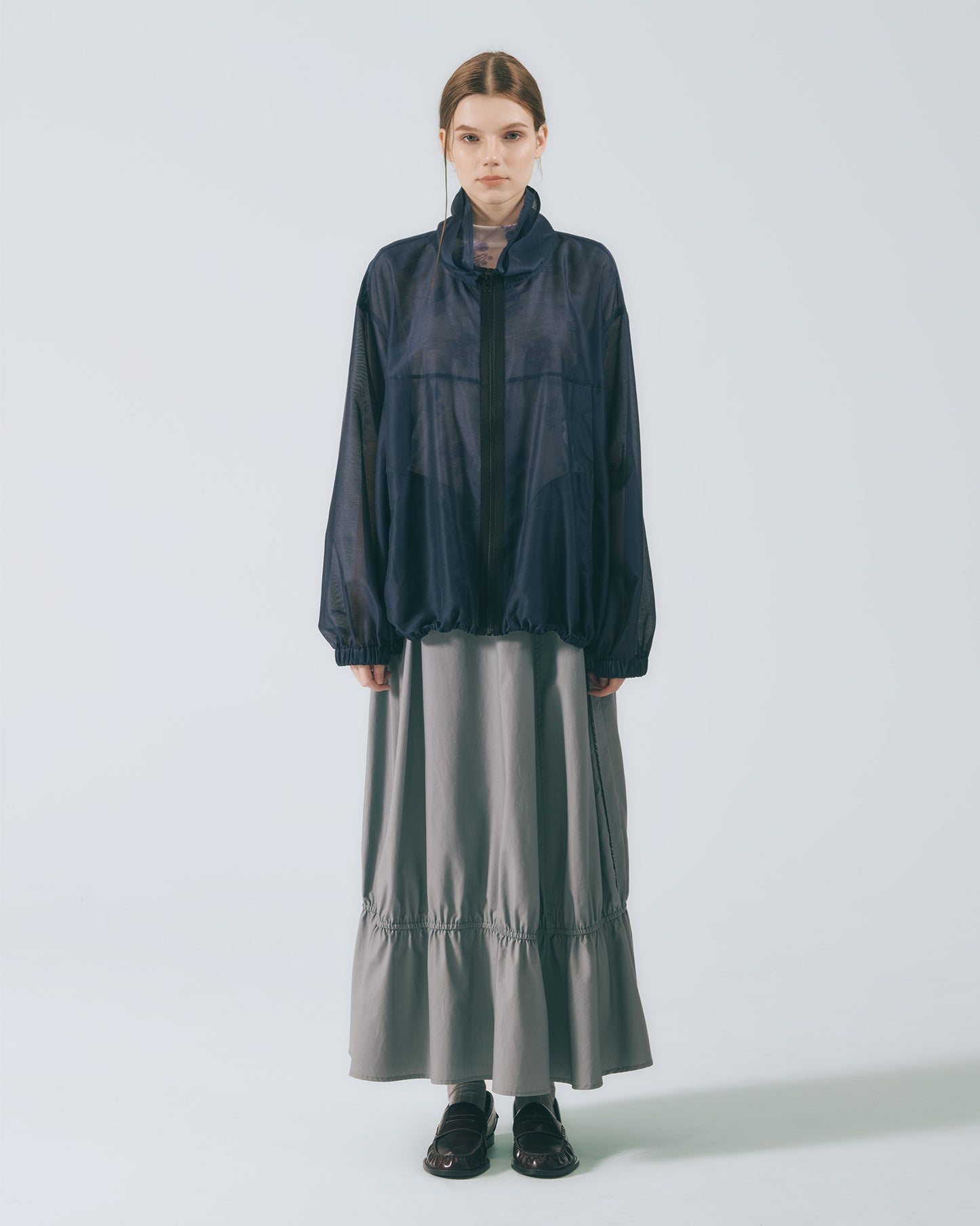 雙立領透紗外套 (深藍)