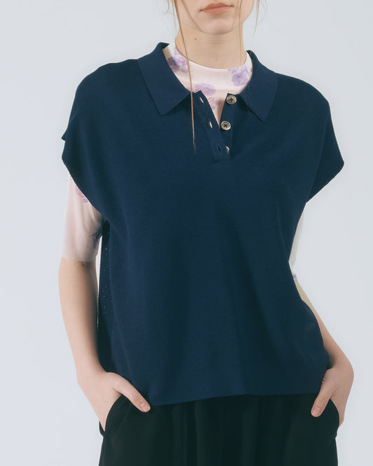 POLO領蓋袖針織上衣 (深藍)