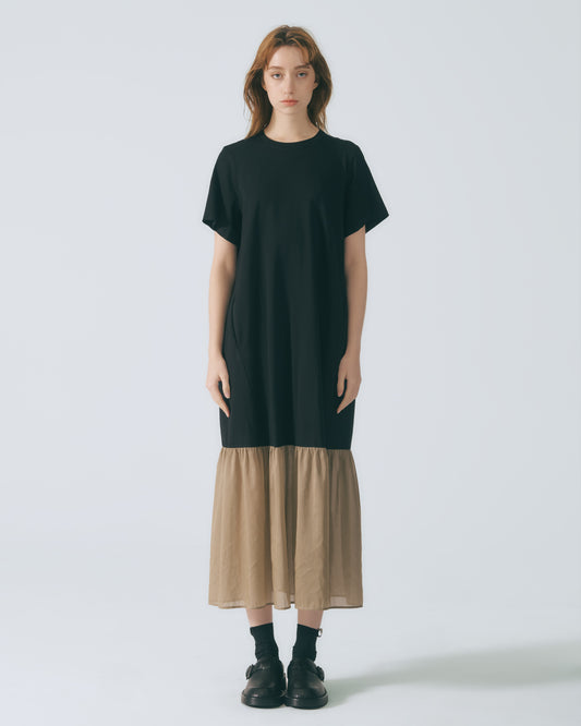 條紋拼接長洋裝(棕色)