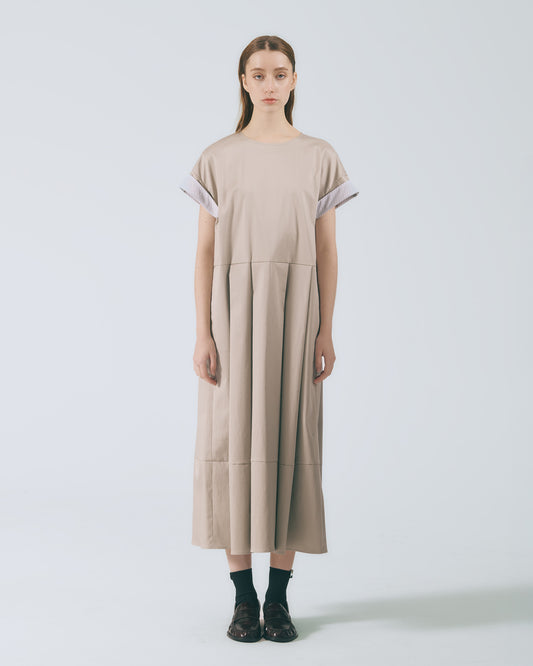 拼接打摺寬袖長洋裝(卡其)