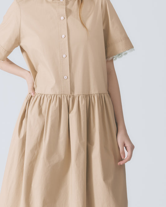 立領抽摺長洋裝