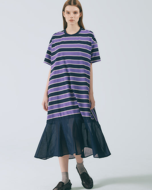 紗襬拼接條紋長洋裝 (紫米條)
