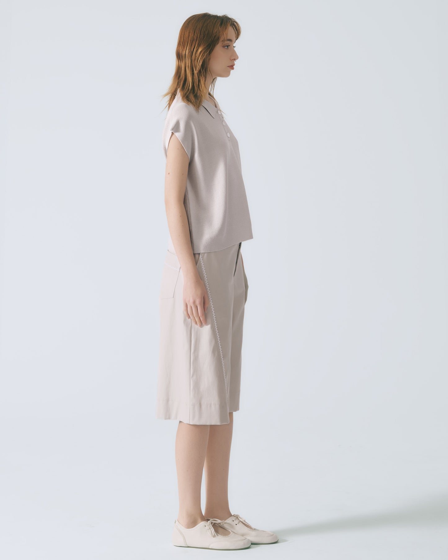 POLO領蓋袖針織上衣 (淺灰)