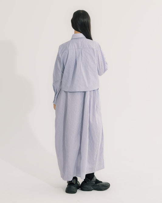 立體口袋傘擺洋裝(淺紫條)