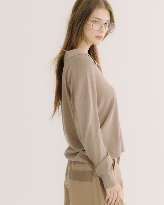 有機棉圓領長袖針織上衣(灰咖)