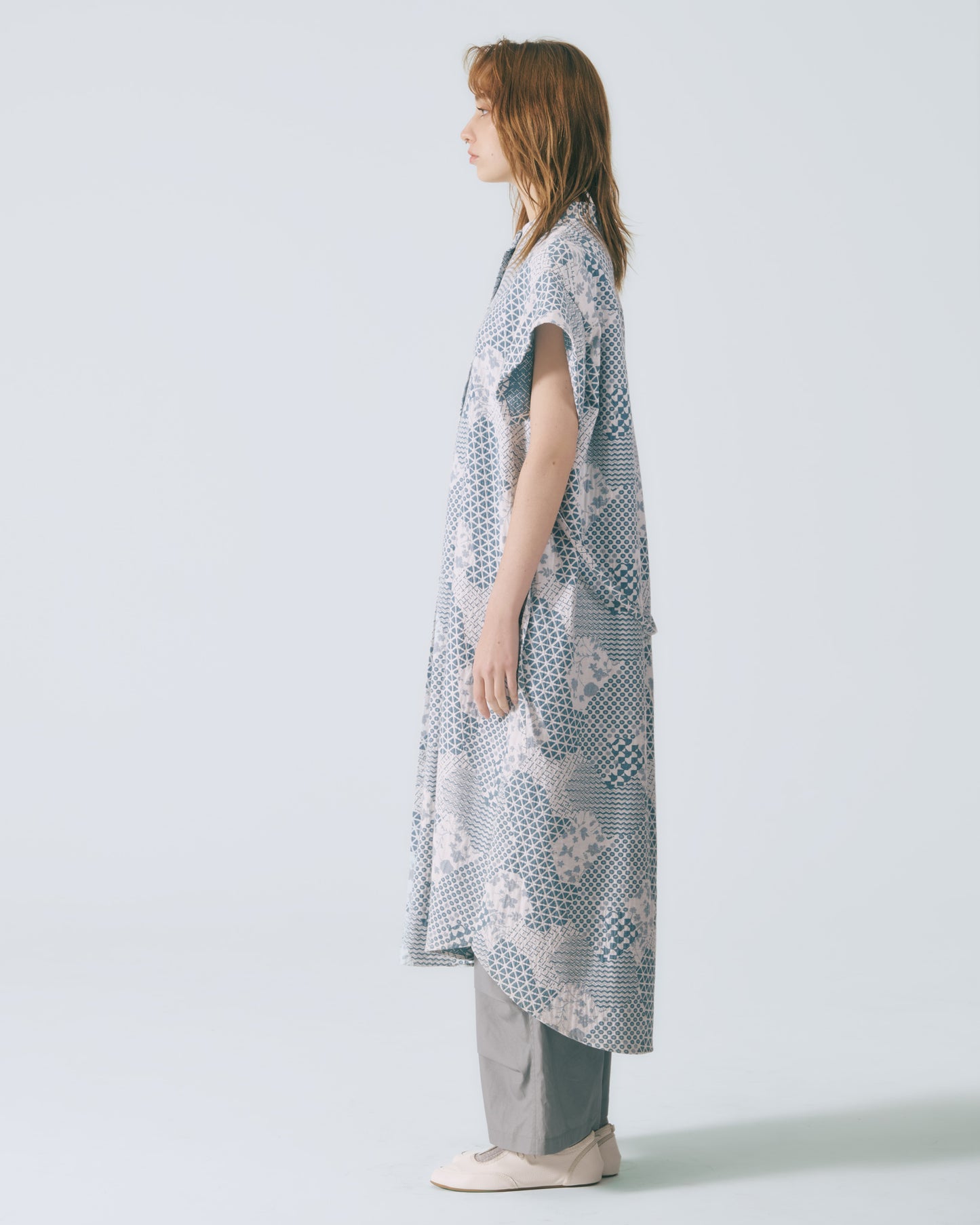 幾何花紋牛仔開襟長洋裝 (牛仔花)