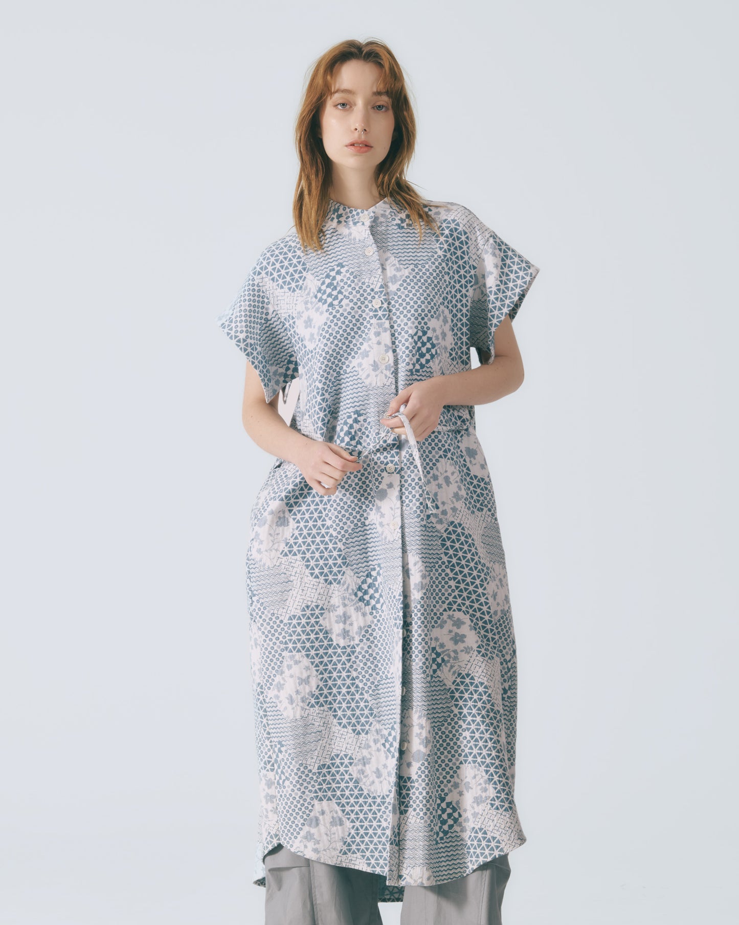 幾何花紋牛仔開襟長洋裝 (牛仔花)