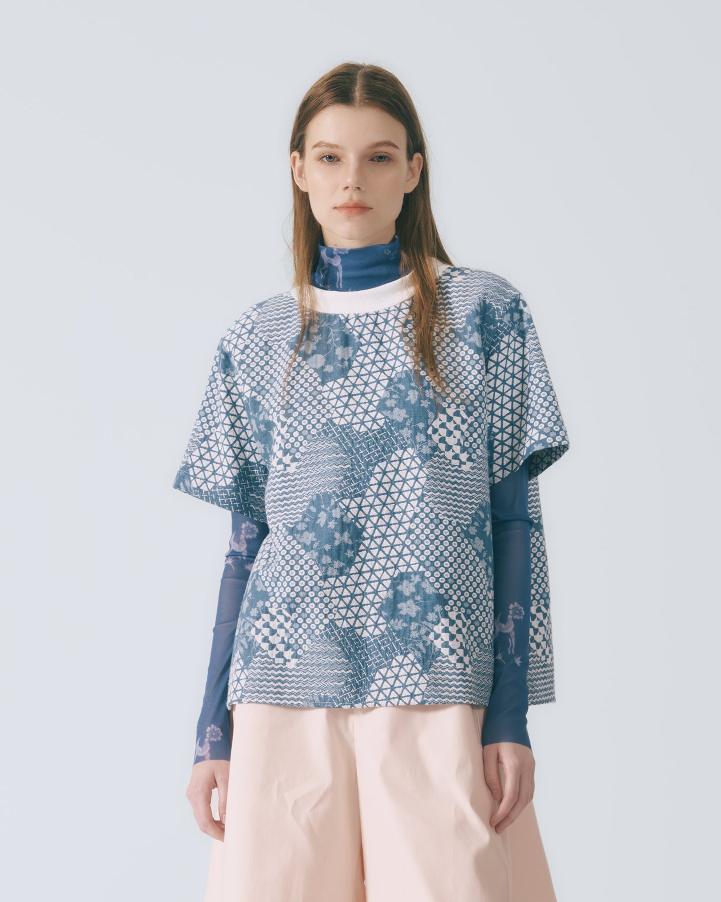 幾何花紋短袖上衣 (牛仔)