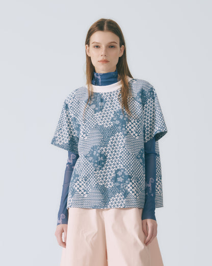 幾何花紋短袖上衣 (牛仔)