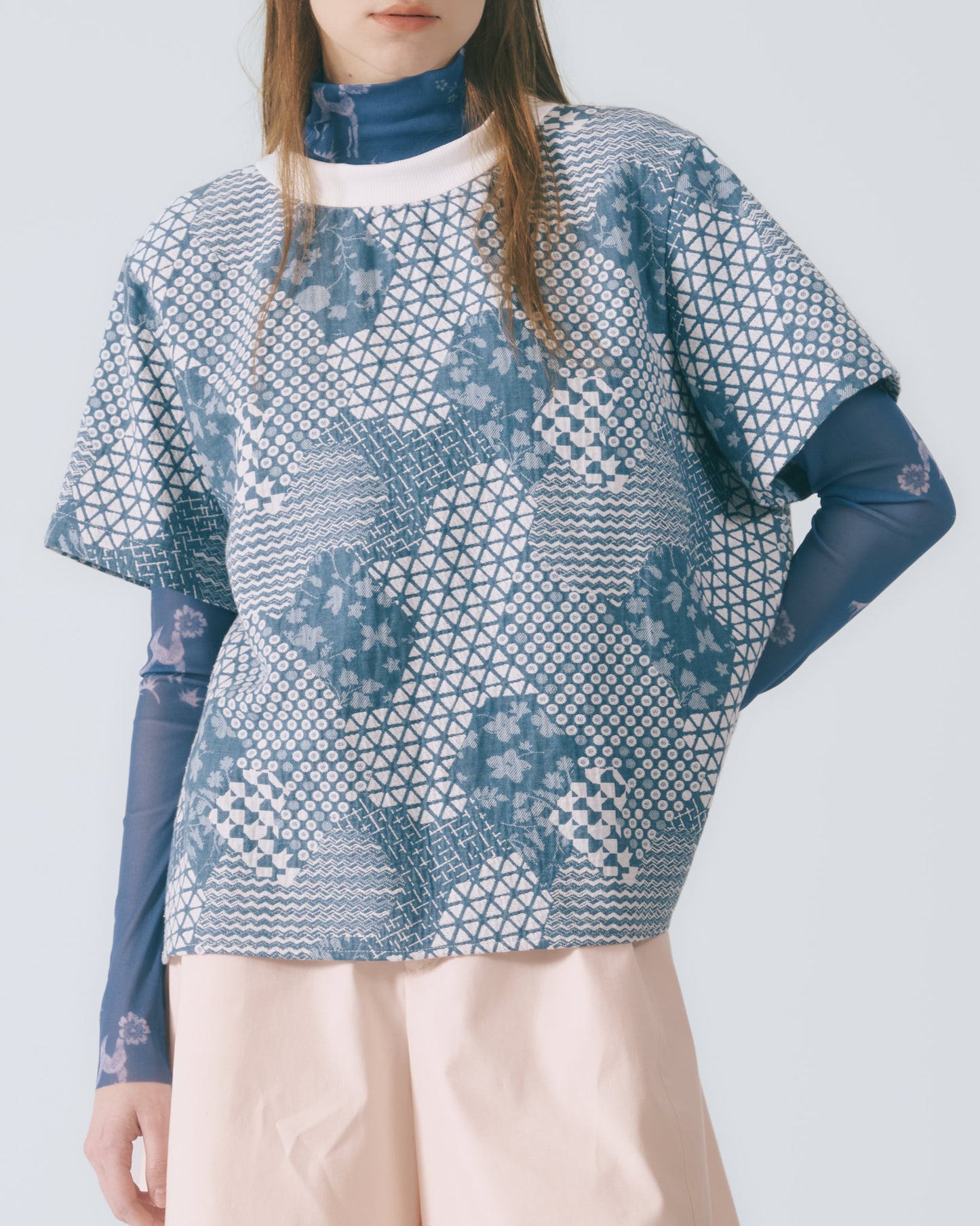 幾何花紋短袖上衣 (牛仔)