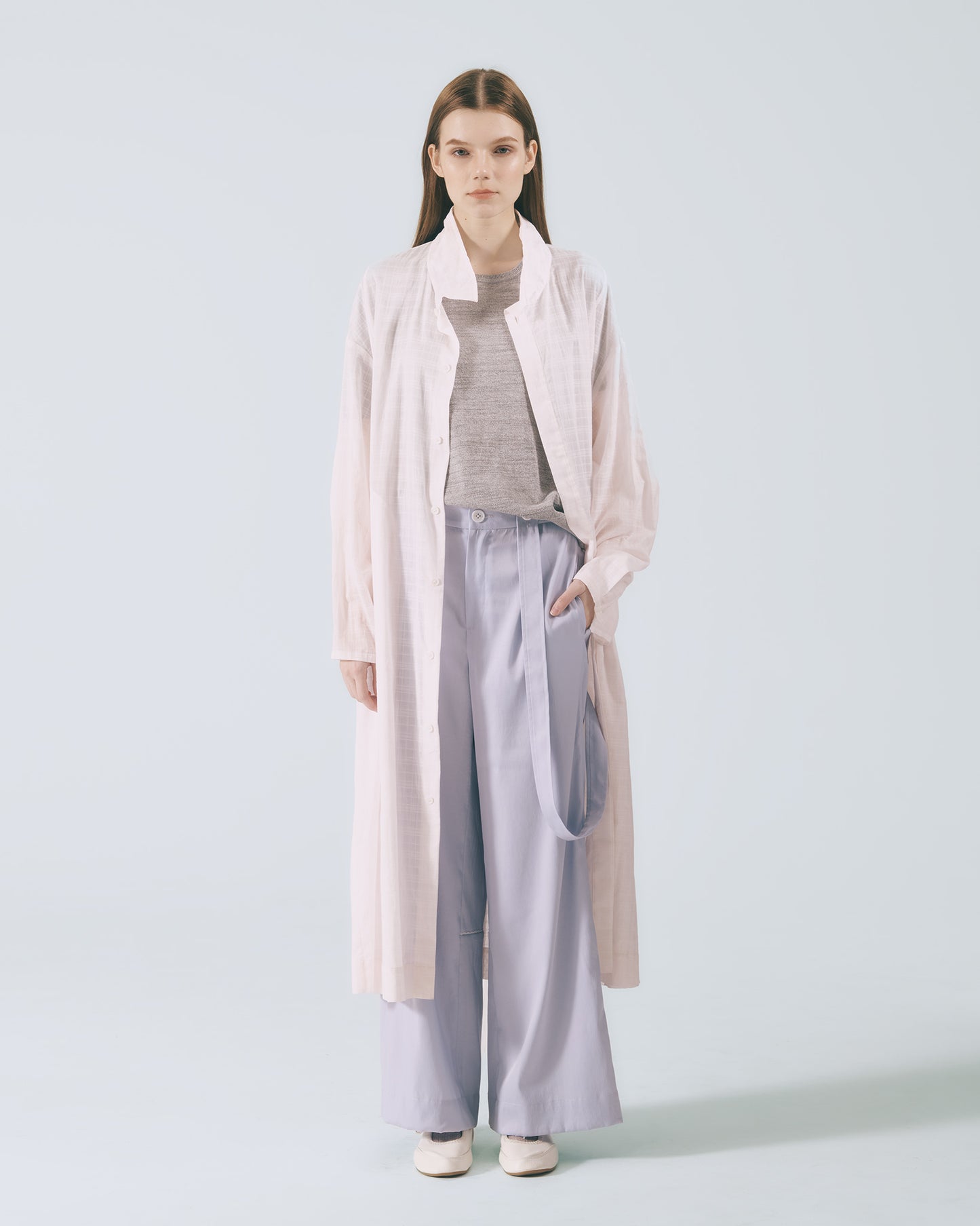 格紋透紗立領長版外套 (粉色)