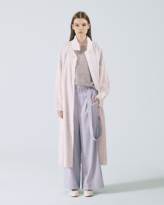 格紋透紗立領長版外套 (粉色)