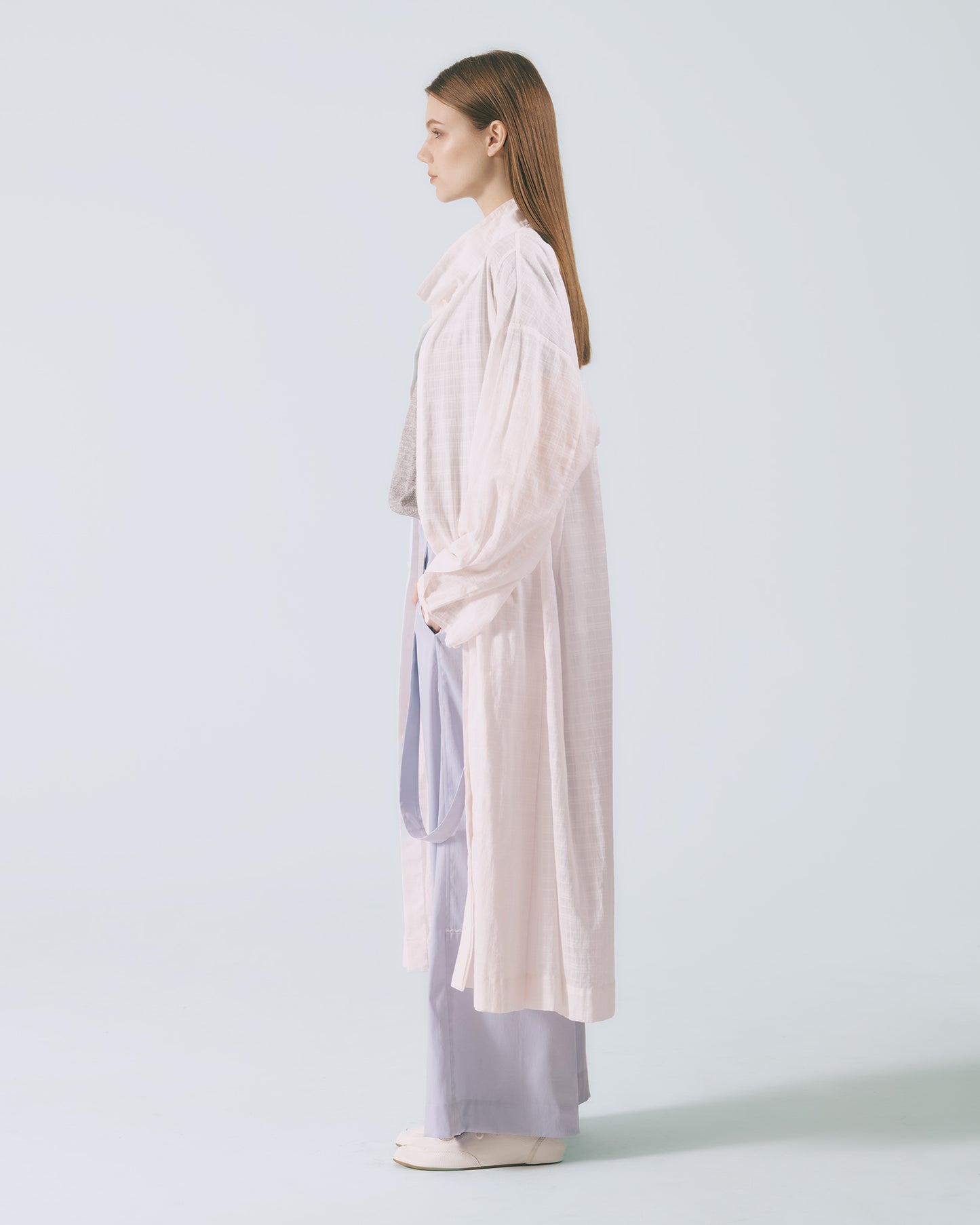 格紋透紗立領長版外套 (粉色)