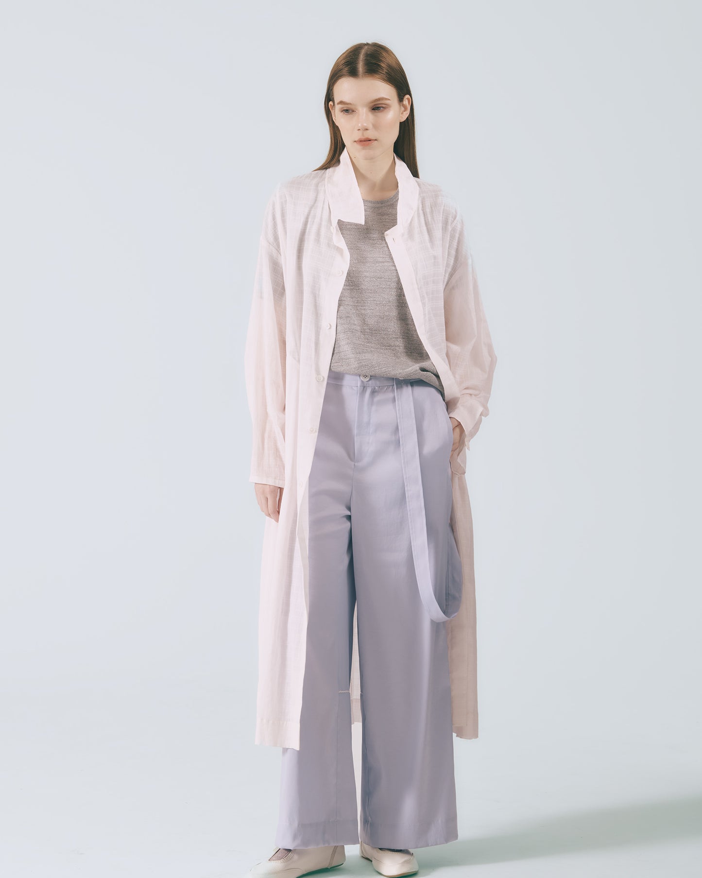 格紋透紗立領長版外套 (粉色)