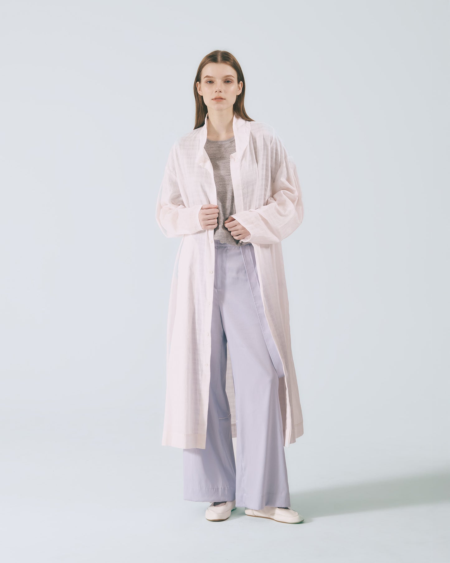 格紋透紗立領長版外套 (粉色)