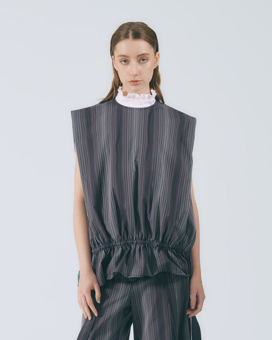 細褶鬆緊收腰無袖上衣(深藍條)