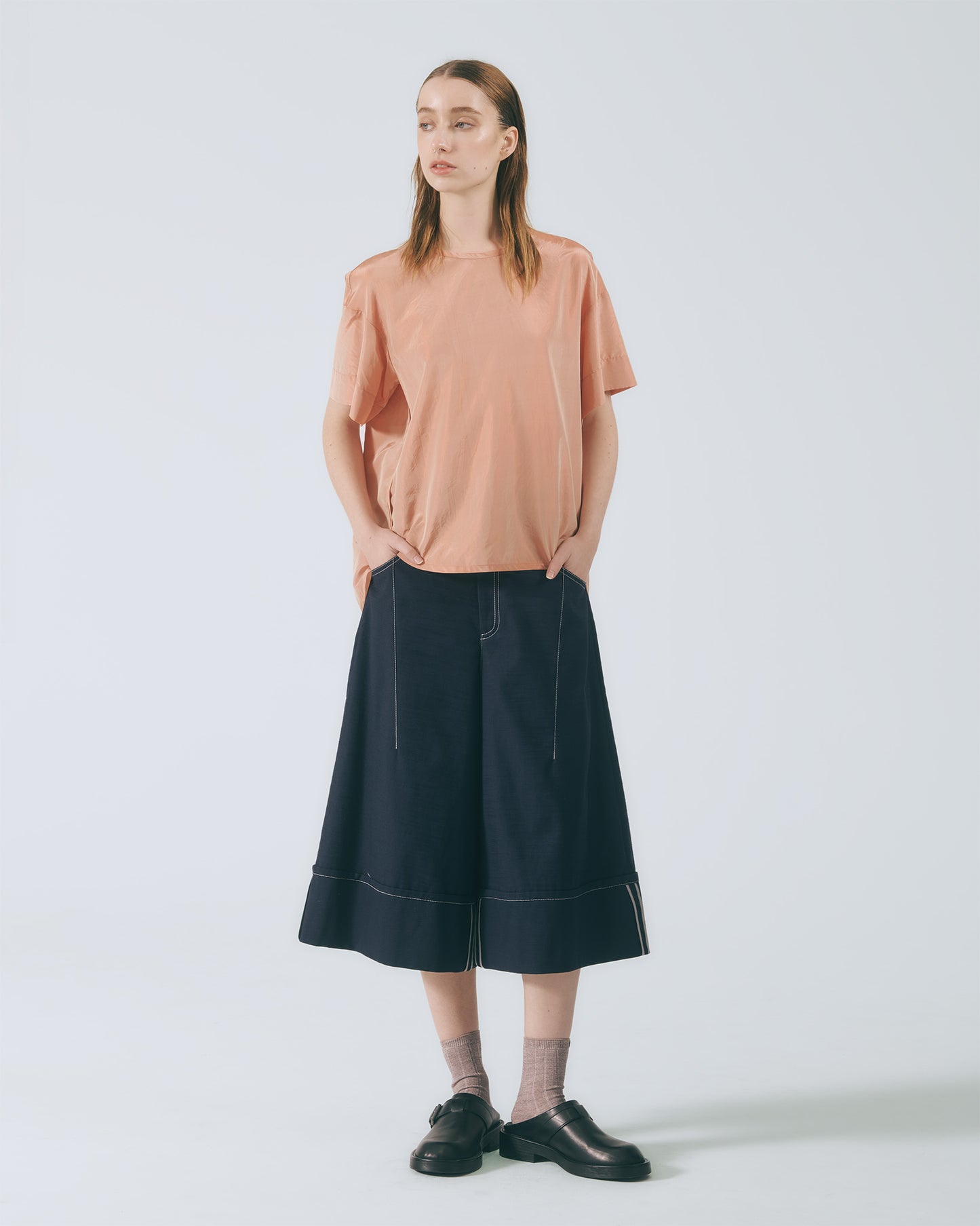 絲質光澤寬袖上衣 (橘紅)