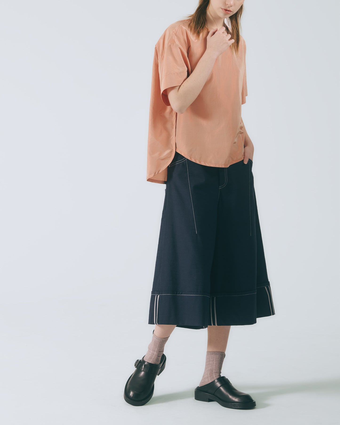 絲質光澤寬袖上衣 (橘紅)