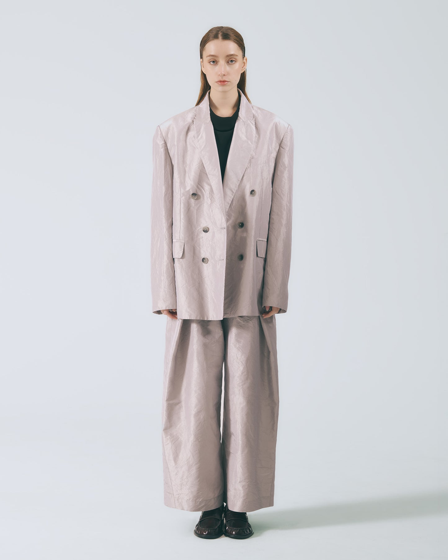 水洗絲質西裝寬褲(銀灰)