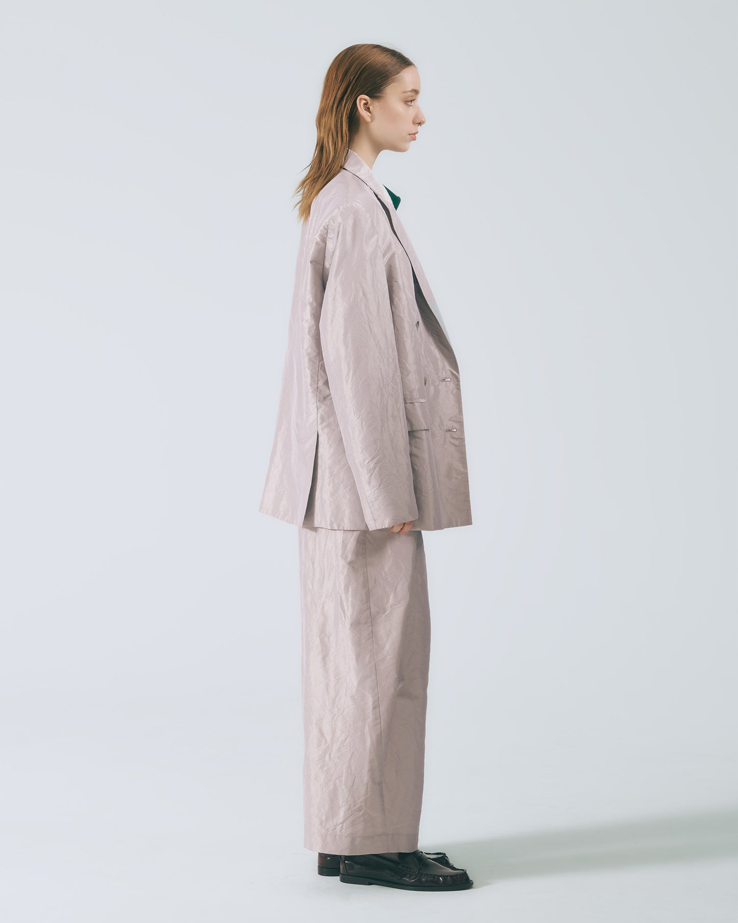 水洗絲質西裝寬褲(銀灰)