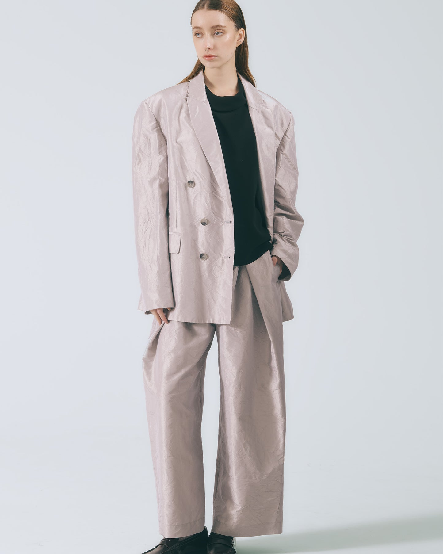 水洗絲質西裝寬褲(銀灰)