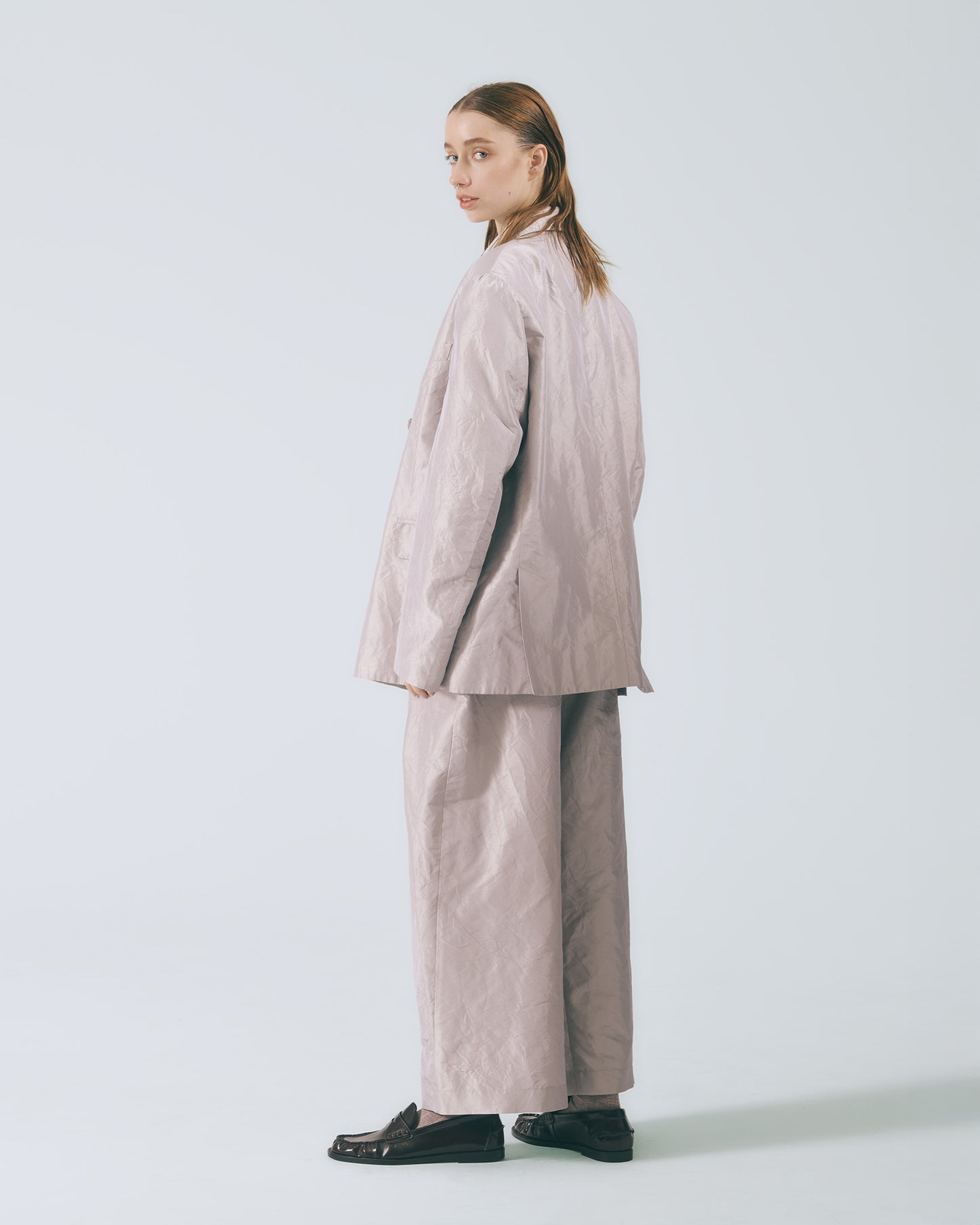 水洗絲質西裝寬褲(銀灰)