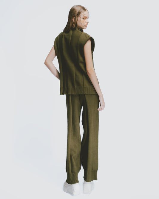 Thick Thick Needle Striped Wide Pants (Dark Green) 