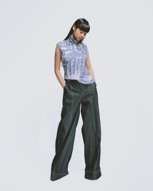 Coniferous Knit Turtleneck Sleeveless Top (Blue) 