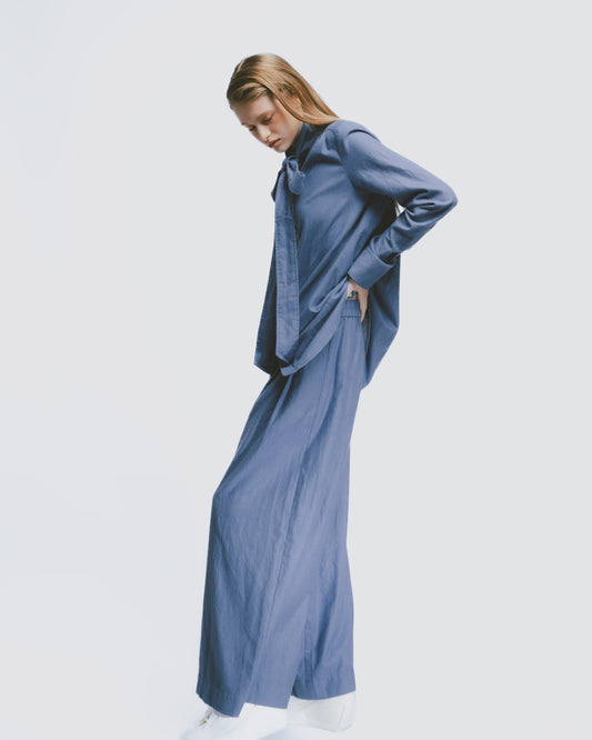 Misty blue short-haired discounted floor-length wide pants 
