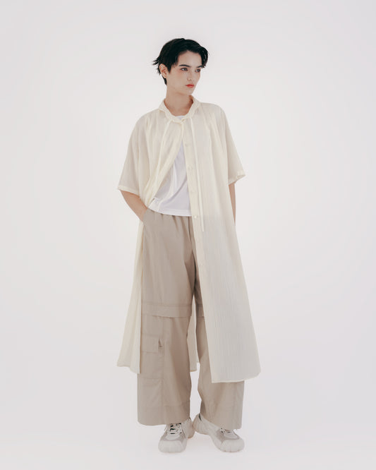 Light yellow pleated collar tie long cardigan 