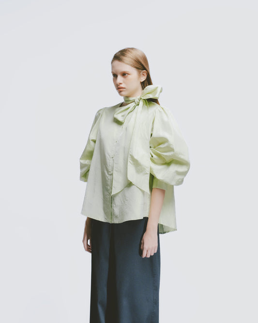 Silk Palace Sleeve Tie-Neck Top (Green) 