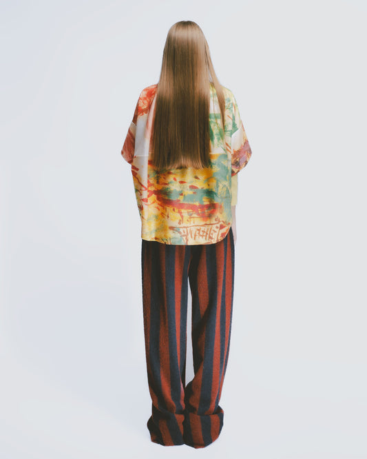 Wool blend contrast striped wide pants 