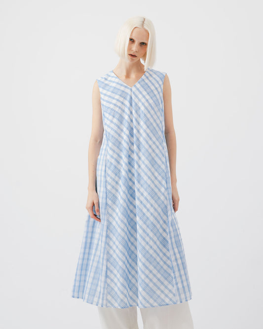 Blue and white checkered sleeveless V-neck dress