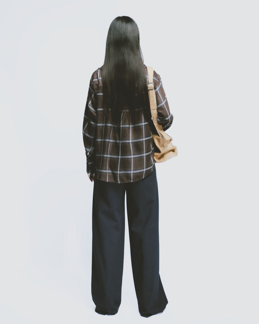 Retro coffee plaid funnel neck top 
