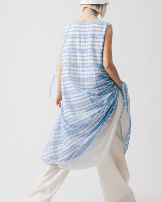 Blue and white checkered sleeveless V-neck dress