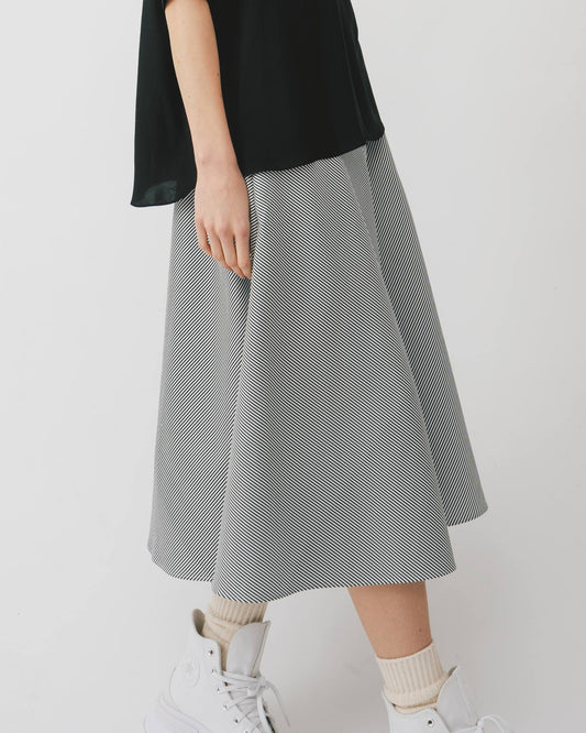 Black and white striped A-line midi skirt 