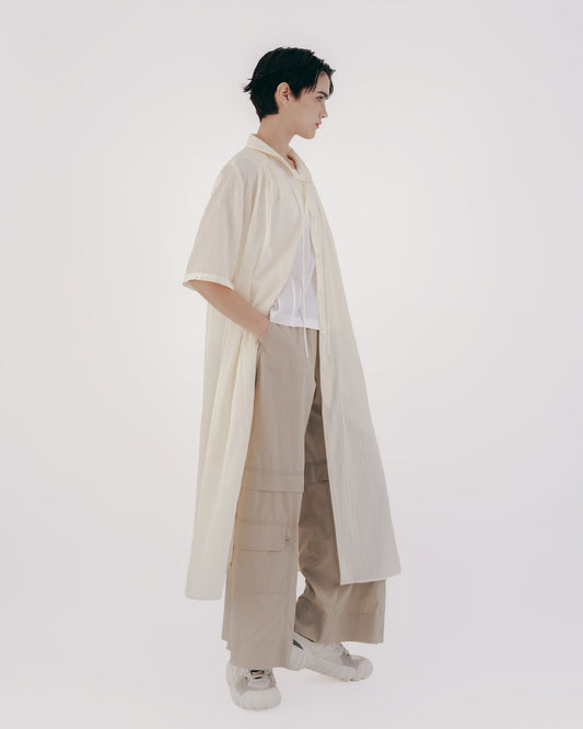 Light yellow pleated collar tie long cardigan 