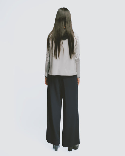 Pure Cotton Stand Collar Cut-Line Design Long Sleeve Top (Gray) 