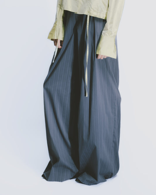 Gray-blue striped pleated floor-length wide pants