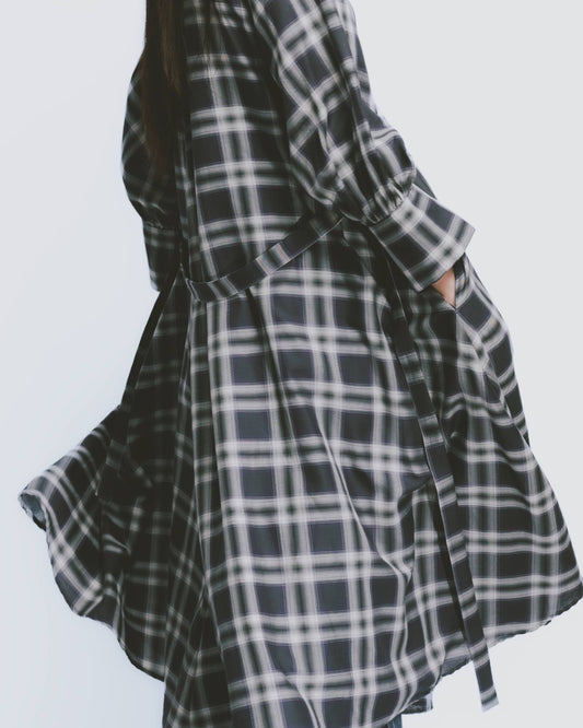 Plaid lapel tie loose dress 