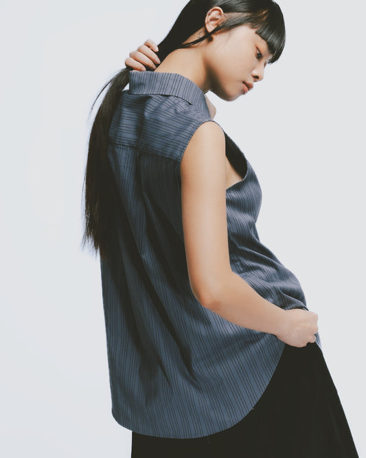 Gray and blue striped sleeveless shirt